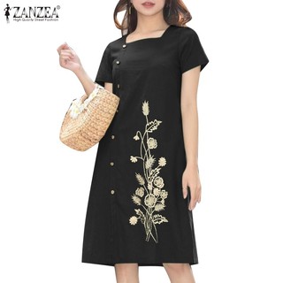 Zanzea Đầm Cổ Vuông Tay Ngắn Thêu Họa Tiết Phong Cách Hàn Quốc Thời Trang Cho Nữ