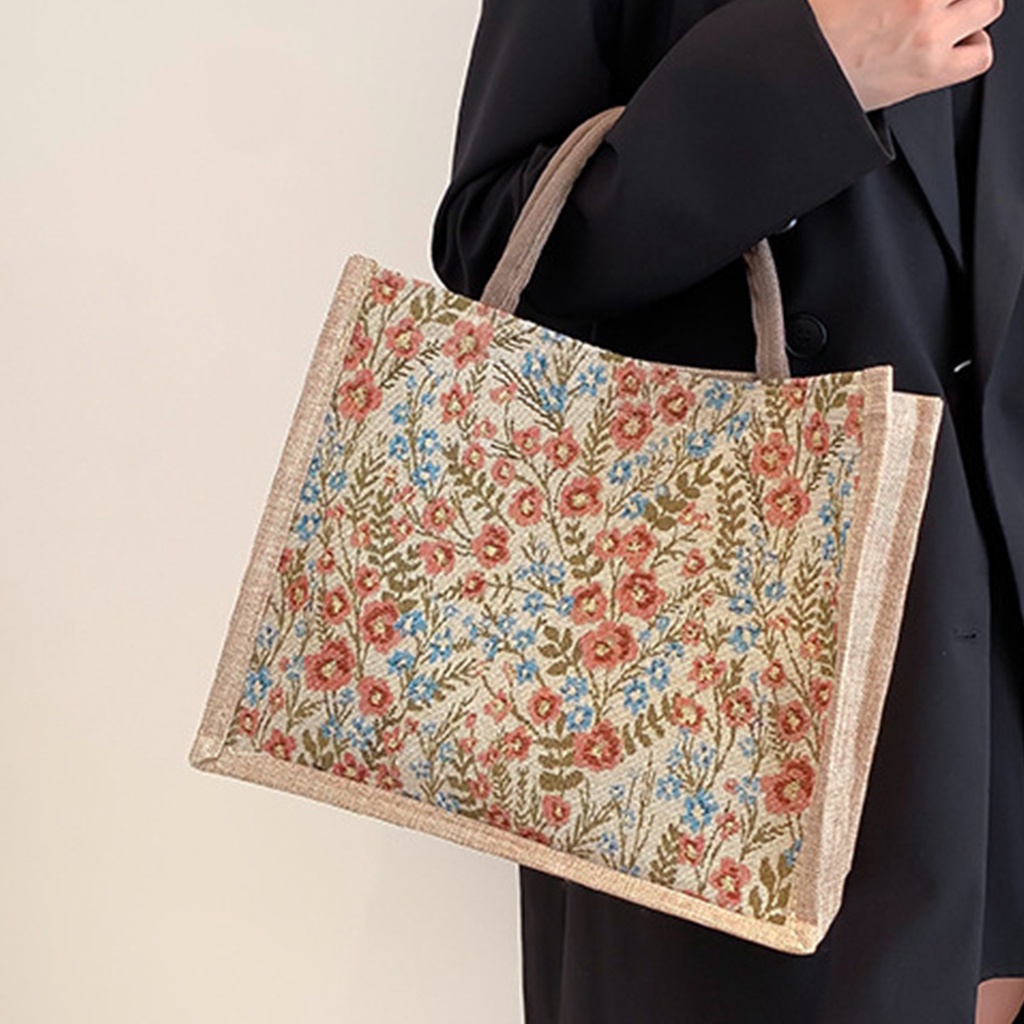 1 Túi Xách Vải Lanh Dáng Vuông Nhỏ Họa Tiết Hoa Phong Cách retro Cho Nữ