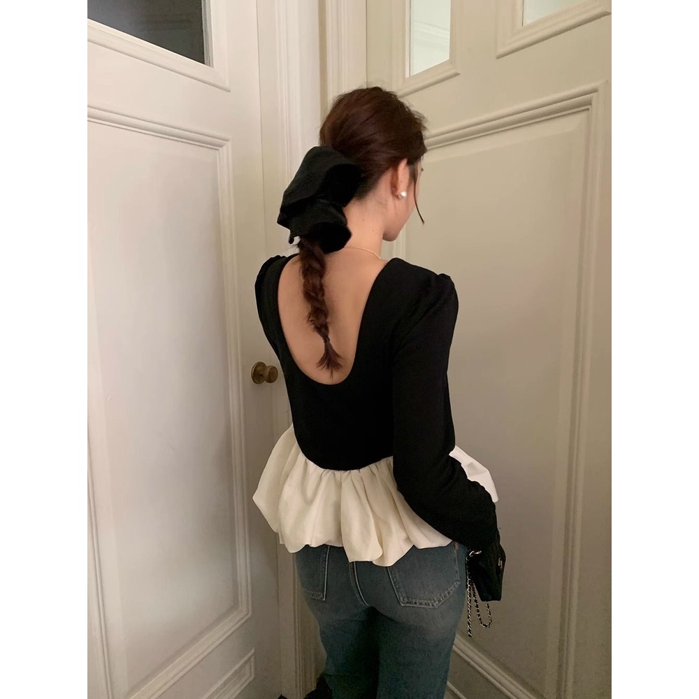 Áo Sơ Mi Dài Tay Cổ Tròn Phối Màu Tương Phản Phong Cách retro Hàn Quốc Thời Trang Mùa Thu Cho Nữ