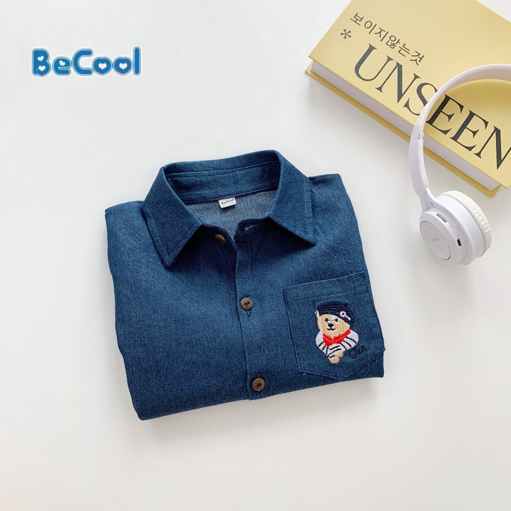 Áo Sơ Mi Cho Bé Trai Chất Bò Thêu Gấu, Áo Sơ Mi Dài Tay Cho Bé Từ 10 đến 26kg BAOBAOKIDS