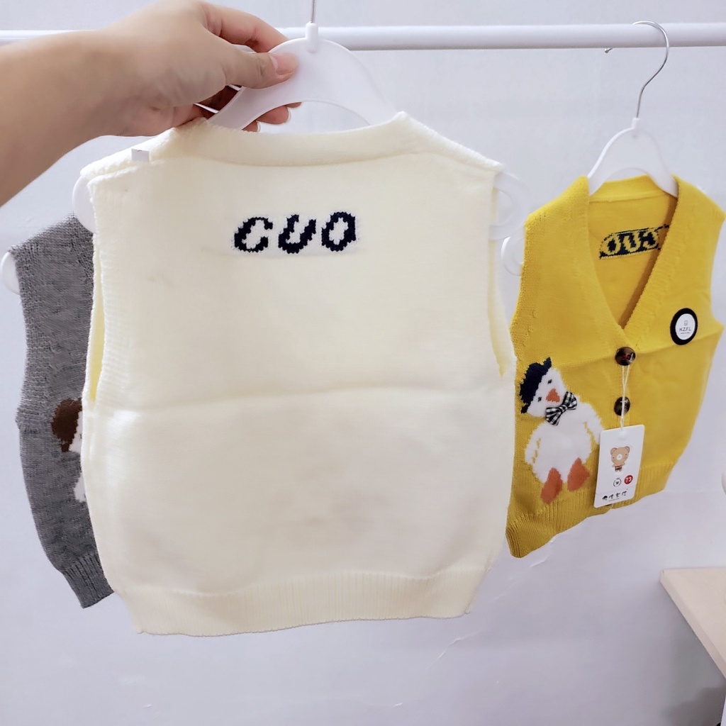 Áo gile dile gi lê len mùa đông cổ tim cúc thẳng len dệt hình vịt đáng yêu mềm dày dặn Quảng Châu bé trai gái 7-19kg