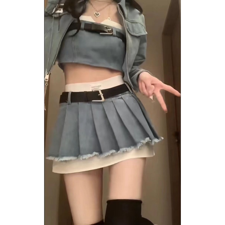 Bộ Áo Khoác Ngắn + Chân Váy denim Xếp Ly Lưng Cao Thời Trang Xuân Hè Phong Cách Mỹ Ngọt Ngào Cho Nữ