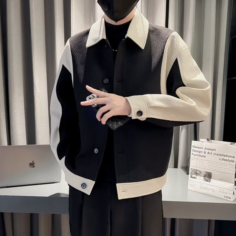 Áo khoác nam da pu cổ bẻ phối màu tương phản thời trang xuân thu chất lượng cao cho nam màu sắc Đen trắng tương thoải mái  màu sắc Đơn giản Áo khoác tay dài dáng rộng