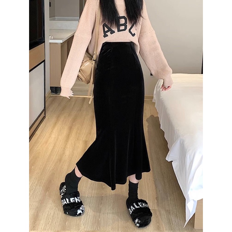 Chân Váy Đuôi Cá Lưng Cao Chất Liệu Nhung Thời Trang Thu Đông Cho Nữ