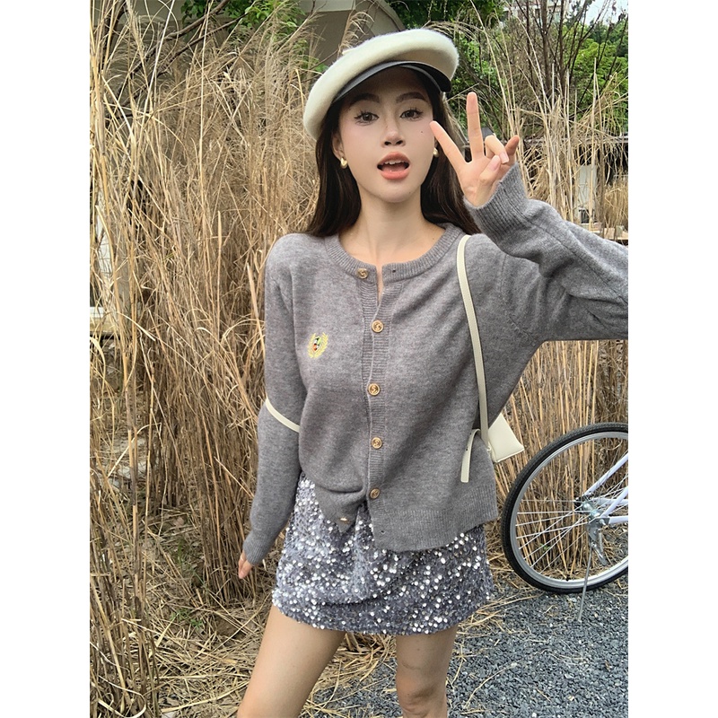 Áo Khoác cardigan Dệt Kim Tay Dài Màu Trơn Thêu Họa Tiết Thời Trang Mùa Thu Cho Nữ