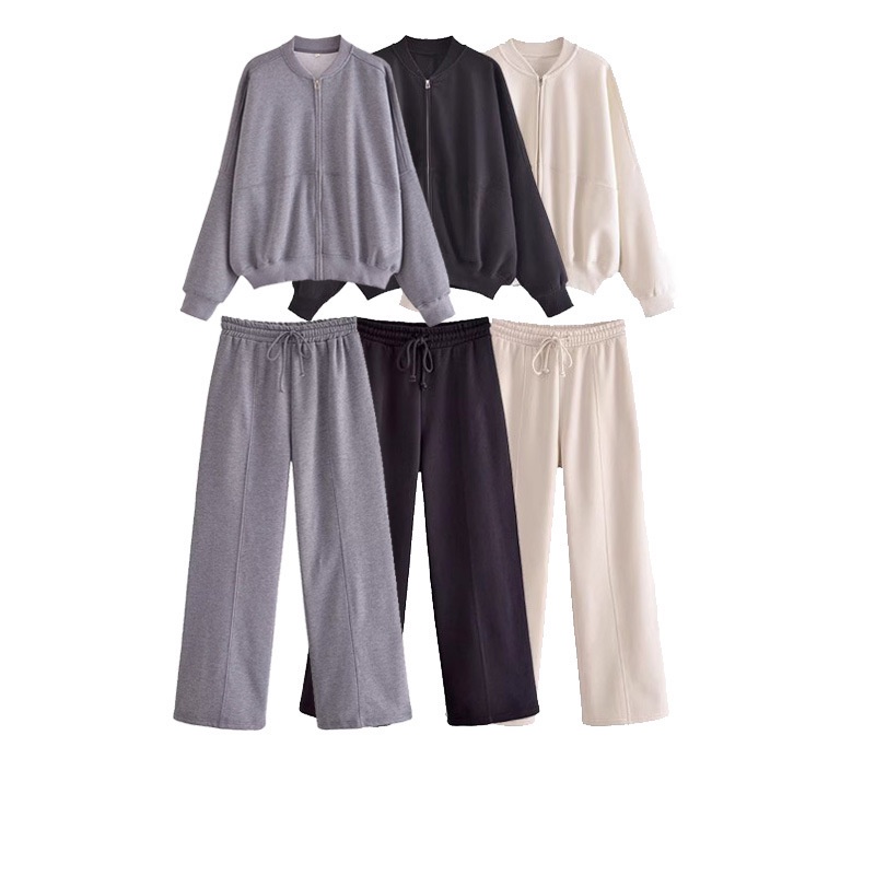 Set Áo Khoác Phi Công Có Dây Kéo + Quần Nỉ Dài Dáng Rộng op 2681 2682