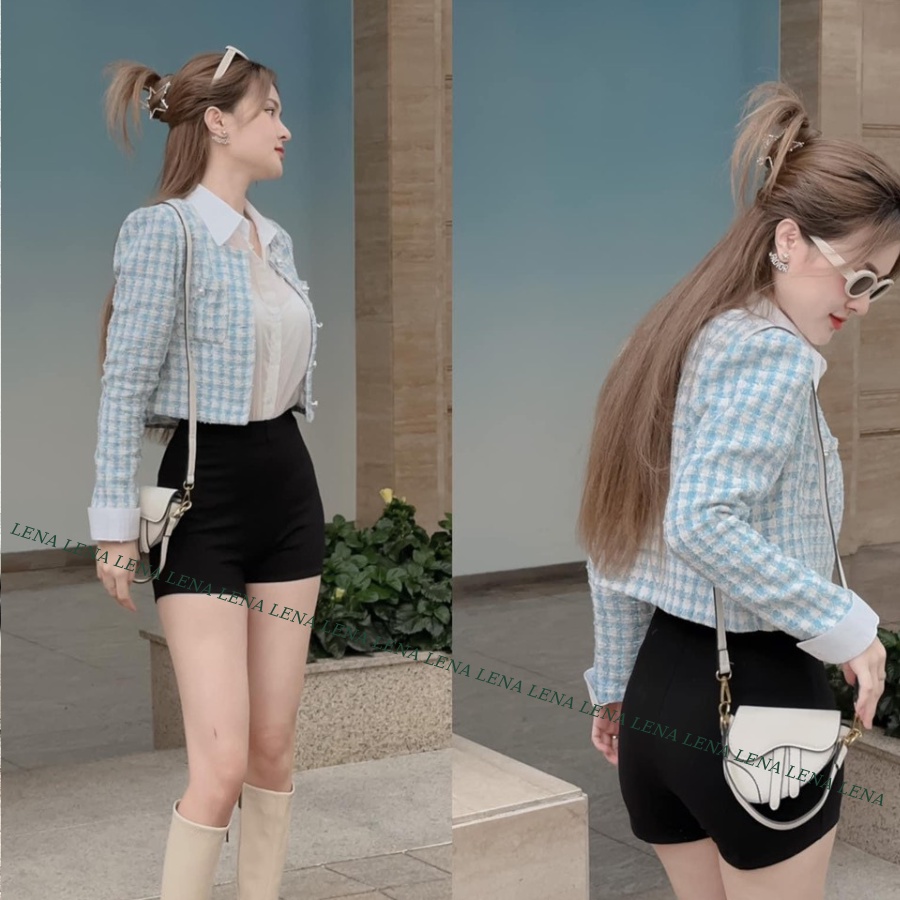 Áo Khoác Dạ Tweed cổ tròn xanh baby dáng lửng siêu sang chảnh - Sơ mi trắng tơ mịn mát- quần đùi ôm body  LENA 3040