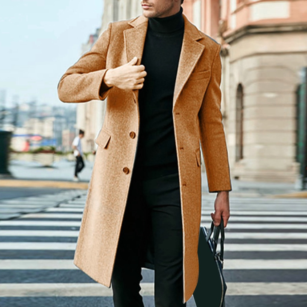 Hvn_đồ Khoác Dài Đến Đầu Gối Dày Thẳng Xẻ Tà Một Hàng Nút Màu Trơn Mùa Thu Đông Phong Cách Anh Quốc Cho Nam