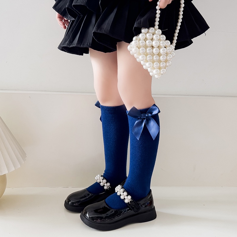 Vớ cotton Cổ Vừa Màu Trơn Đính Nơ Phong Cách Công Chúa Hàn Quốc Thời Trang Mùa Thu Cho Bé Gái