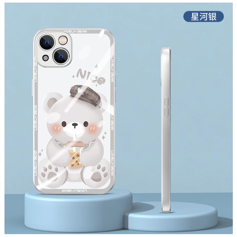 Dễ Thương Ốp Điện Thoại Mặt Kính Hình Gấu Uống Trà Sữa Cho iphone 15promax 14 13pro xr 12 11promax 7 8plus xsmax