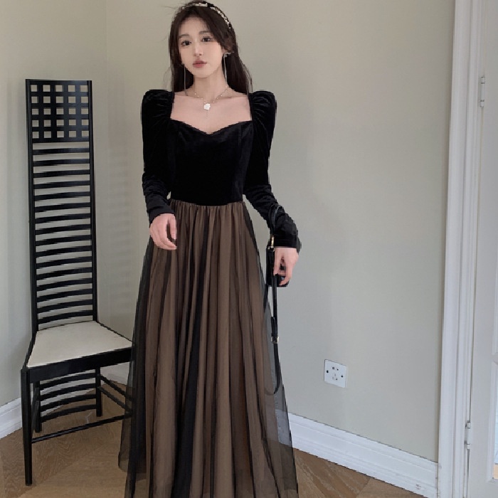 Đầm Dài Tay Phối Lưới Phong Cách Pháp Thời Trang Mùa Thu Cao Cấp Cho Nữ