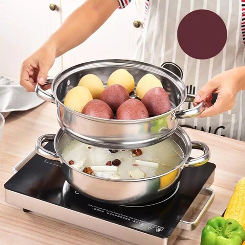 Nồi hấp inox 2 tầng, Xửng Hấp 2 Tầng đa năng 28cm, cao cấp nắp kính, cách thủy tiện lợi