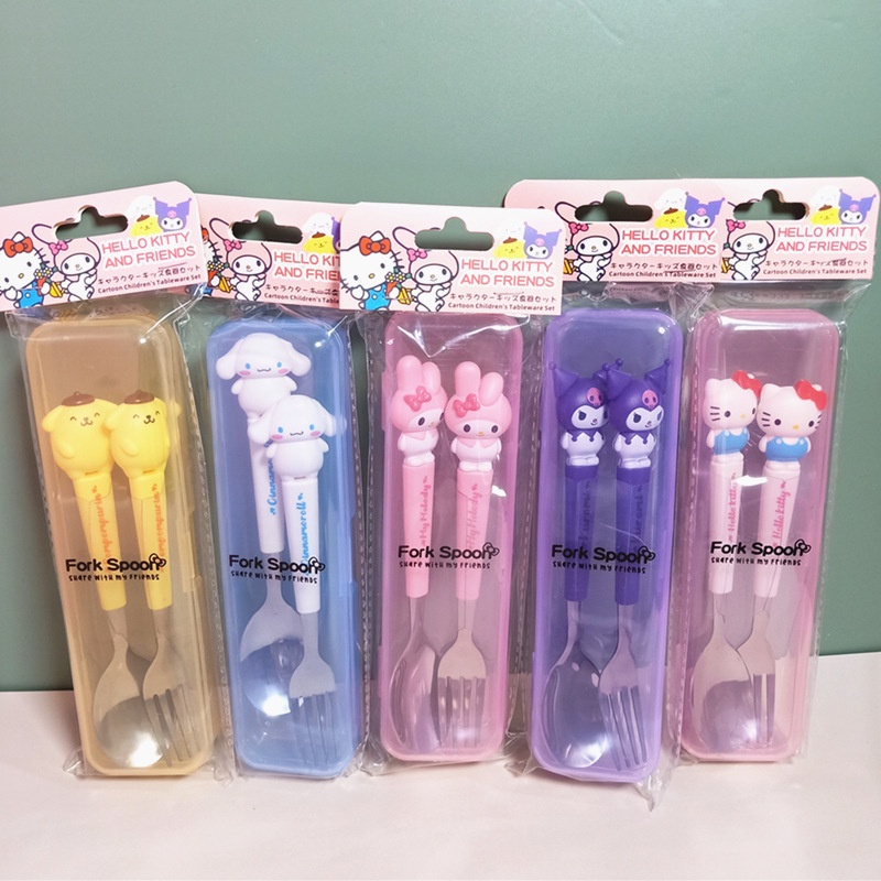 Sanrio Bộ Đồ Ăn Inox Hoạt Hình Kuromi Hello Kitty Quế Muỗng Nĩa Với Bộ Đồ Ăn Hộp Di Động Dao Kéo Trẻ Em Quà Tặng