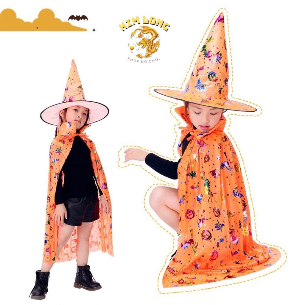 SAN Set Áo Choàng và nón phù thuỷ hoa văn 7 màu loại đẹp trang phục hoá trang cho trẻ em và người lớn lễ hội Halloween