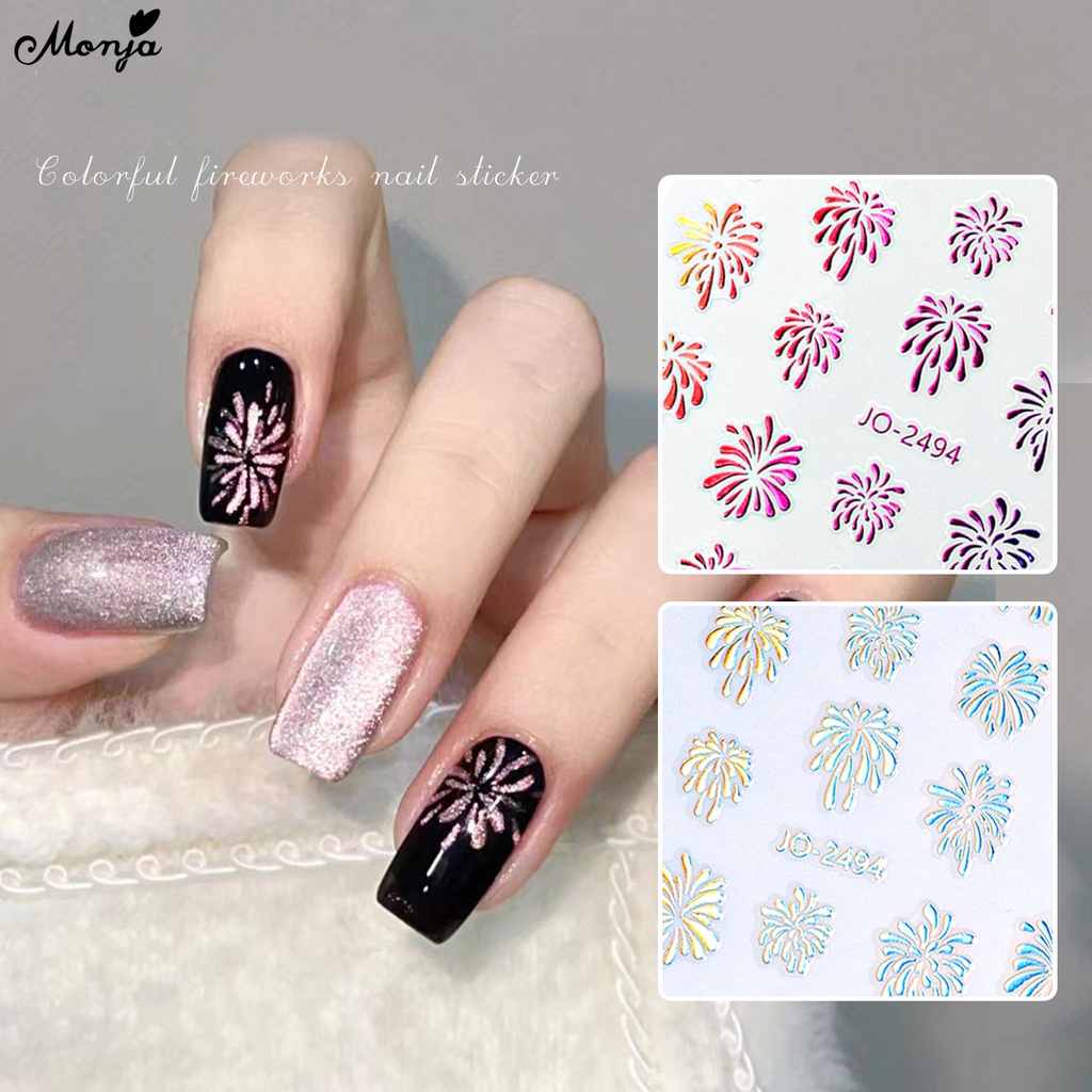 Monja Nhãn Dán Móng Tay Dạng Trượt Tự Dính Họa Tiết Pháo Hoa Màu Vàng / Bạc 6 Màu Sắc