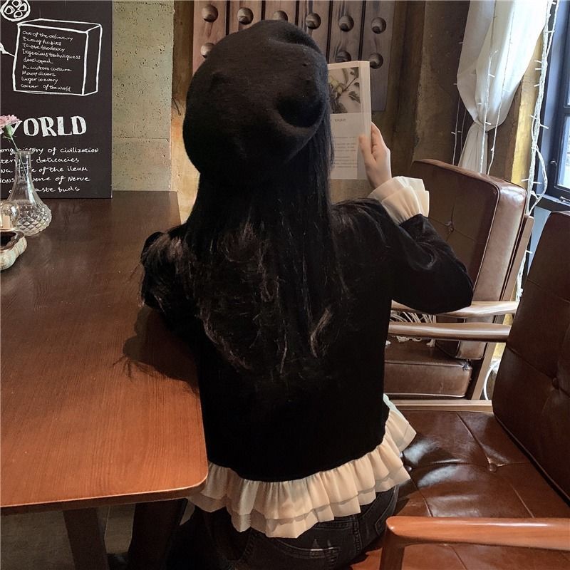 Áo Sơ Mi Nhung Phối Ren Bèo Phong Cách vintage
