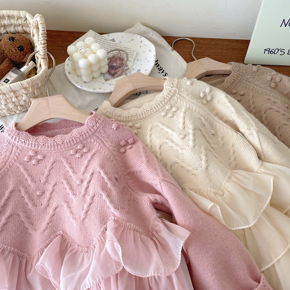 Áo sweater Dệt Kim Dày Dặn Phối Ren Kiểu Công Chúa Dễ Thương Thời Trang Thu Đông Cho Bé Gái