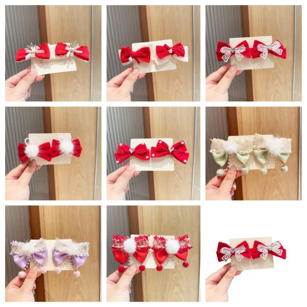 Kẹp Tóc Nơ Đỏ Bằng Vải Lông Phong Cách Trung Hoa Mừng Năm Mới Cho Bé Gái