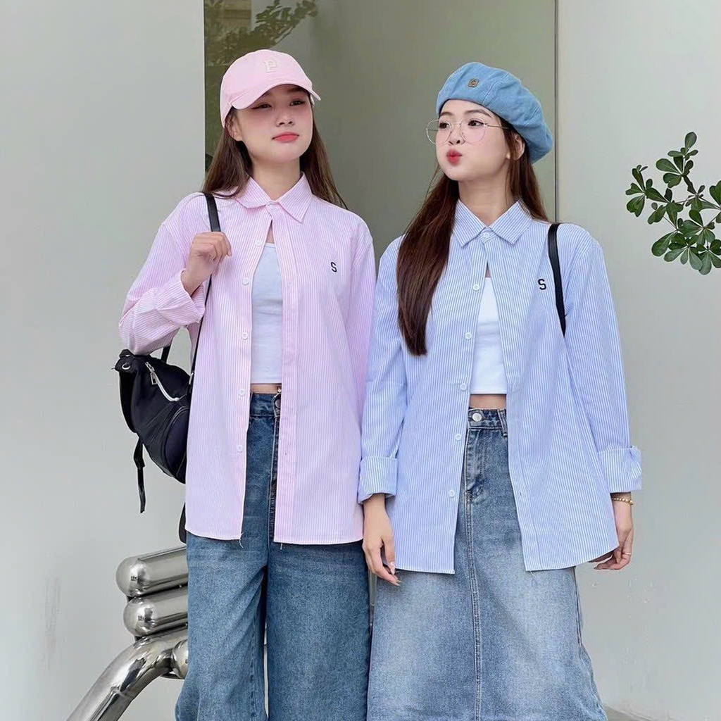 Áo sơ mi nữ dài tay kẻ sọc dáng dài thêu chữ áo kiểu đi học đi chơi ATC0069