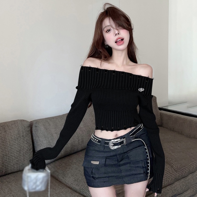 Áo sweater Dệt Kim Tay Dài Thiết Kế Trễ Vai Quyến Rũ