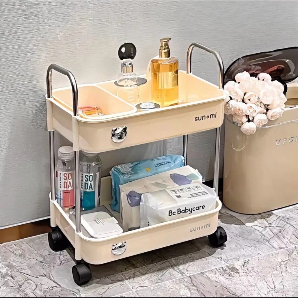 Kệ Xe Đẩy 2 tầng Sunmi Đựng đồ tiện ích có bánh xe, để đồ nail, đựng đồ nhà bếp