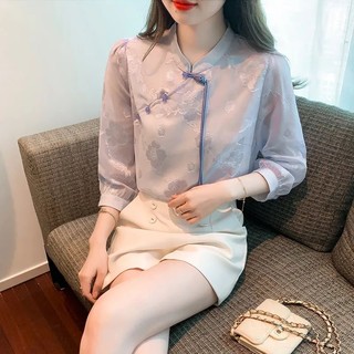 Áo Sườn Xám Cách Tân Vải Voan Tay Phồng Thời Trang Xuân Hè Phong Cách Trung Hoa Mới Cho Nữ