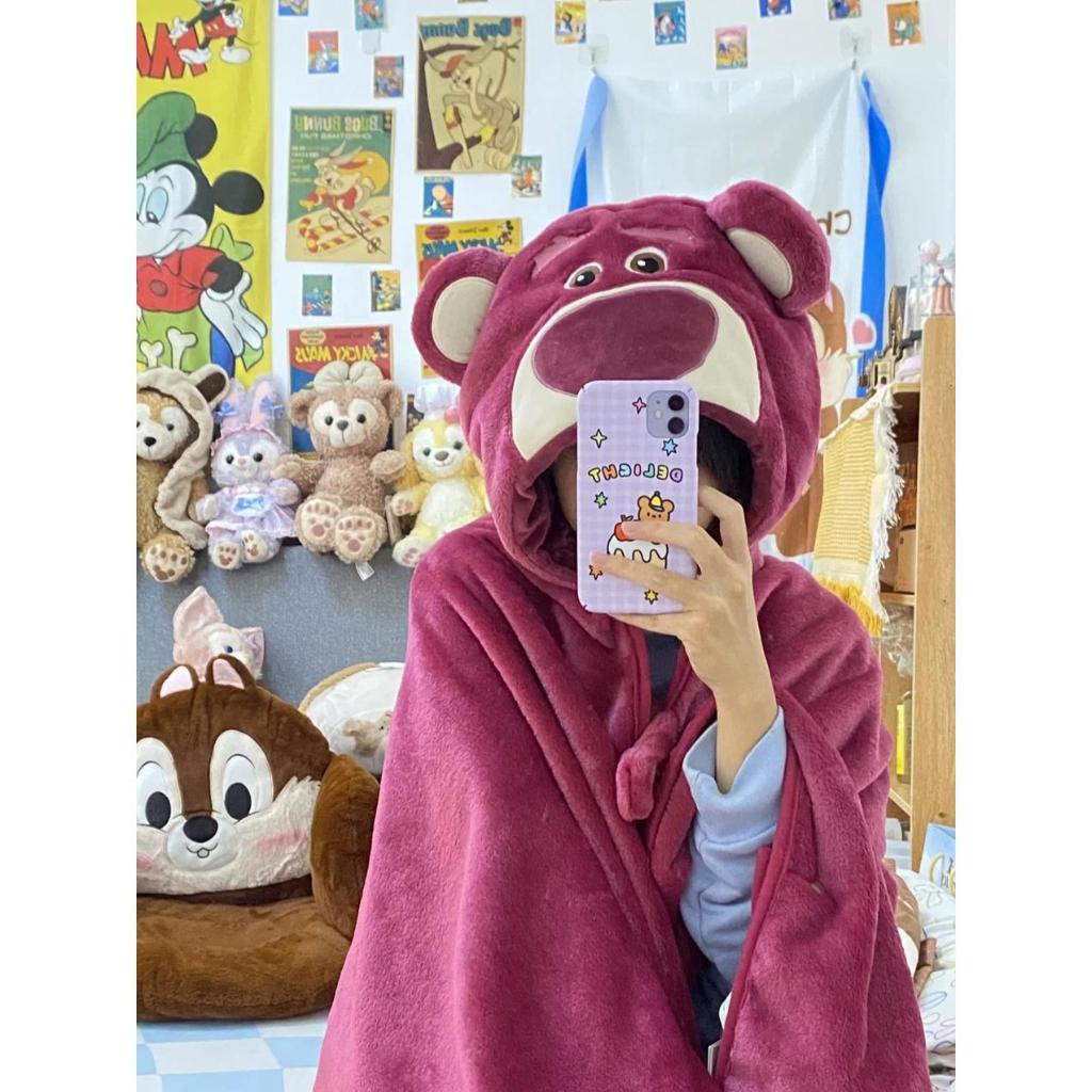 Chăn Lông Cừu San Hô Cỡ Lớn Hình Gấu / Dâu Tây Có Mũ Choàng Điều Hòa Không Khí