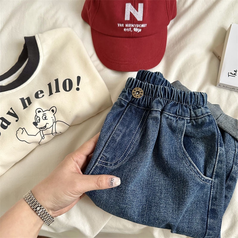 Quần Jean Dài Ống Rộng Màu Trơn Có Túi Lớn Mẫu Mới 2023 Dành Cho Bé Trai Bé Gái