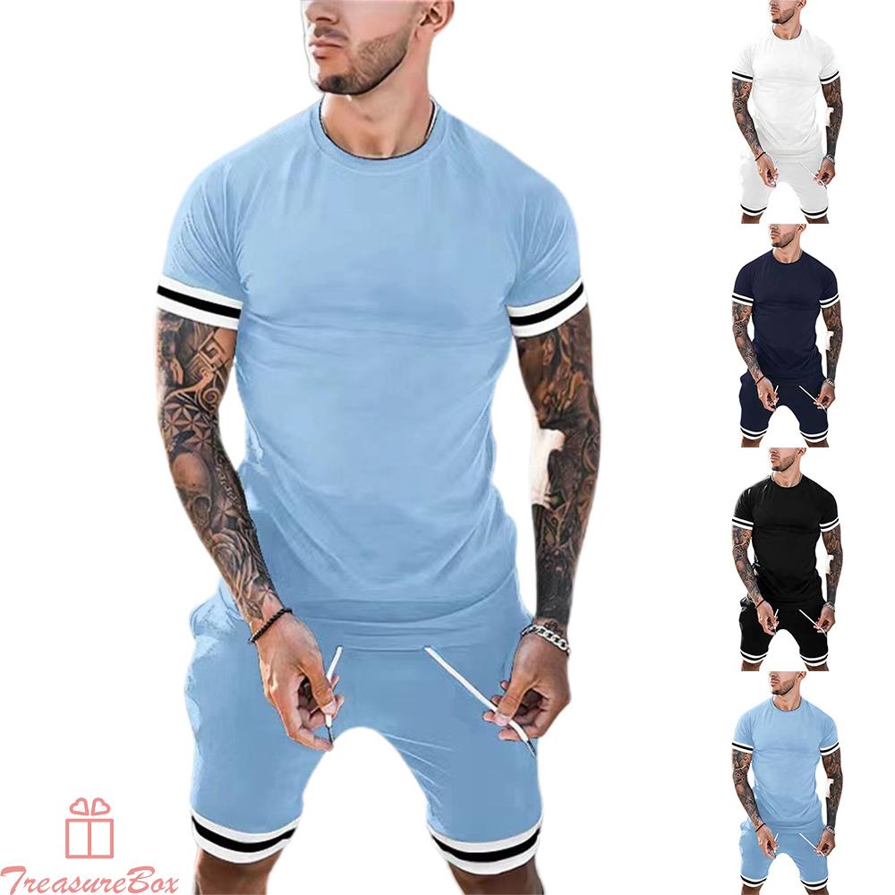 Tops+Pants For Men Gym Loose Men\'s Outfit Outfits Shorts Set Solid Color