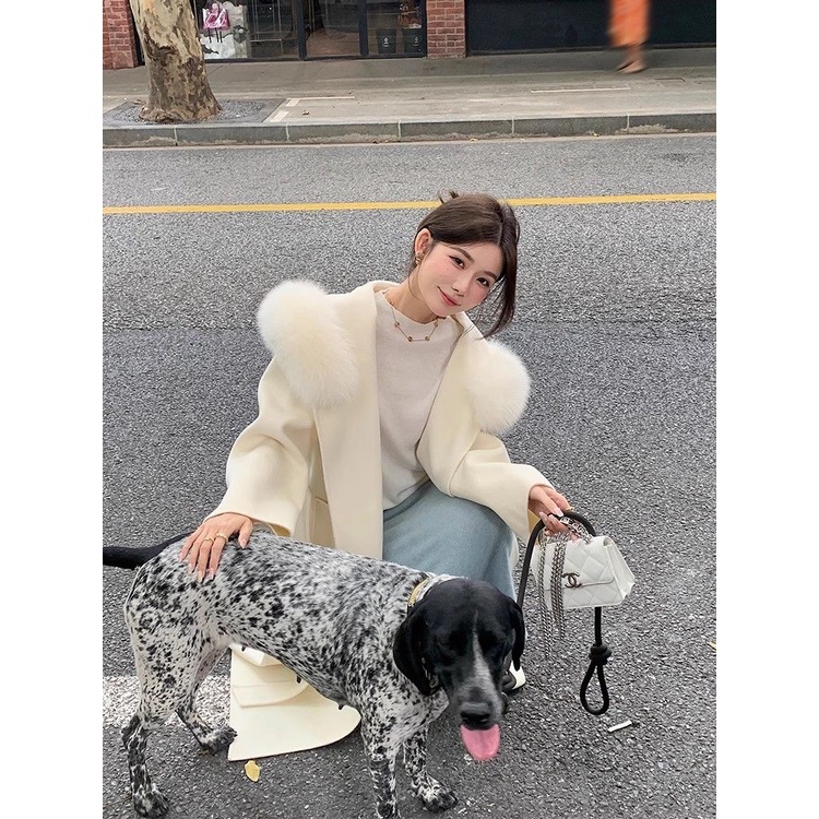 Áo Khoác Len Giả Lông Cáo Dáng Dài Có Nón Thời Trang Thu Đông 2023 Cho Nữ