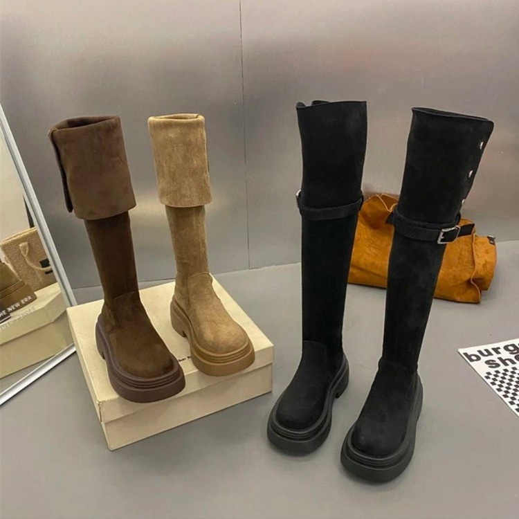 Giày Bốt Cao Qua Gối Bằng Da Lộn Màu Trơn Phong Cách Thu Đông Mới Cho Nữ