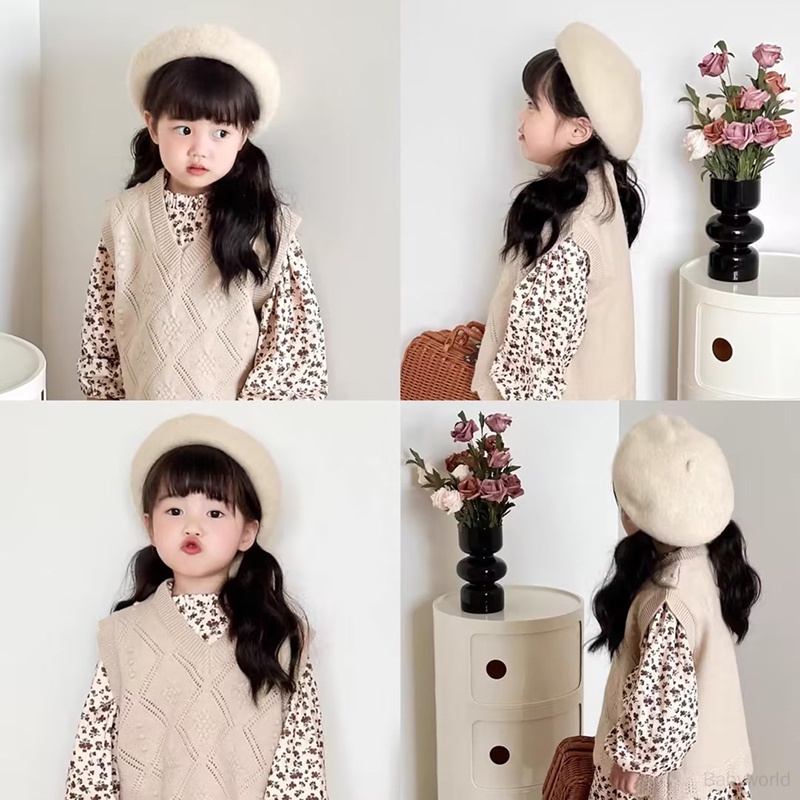 Mũ Nồi Lông Xù vintage Hàn Quốc Mùa Thu Đông Cho Bé Gái