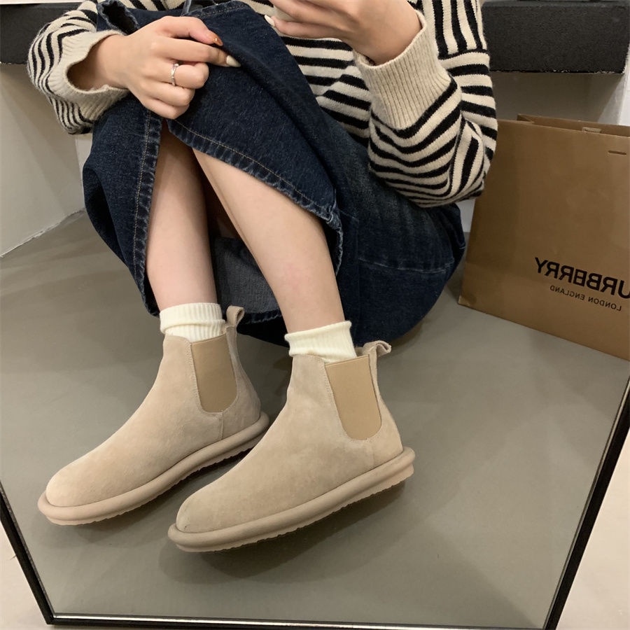 Chelsea Giày Bốt Da Đế Bằng Phong Cách Anh Quốc Thời Trang Thu Đông 2023