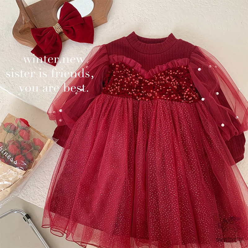 Đầm Công Chúa Phối Lưới Đính Kim Sa Và Ngọc Trai Phong Cách Hàn Quốc Cho Bé Gái