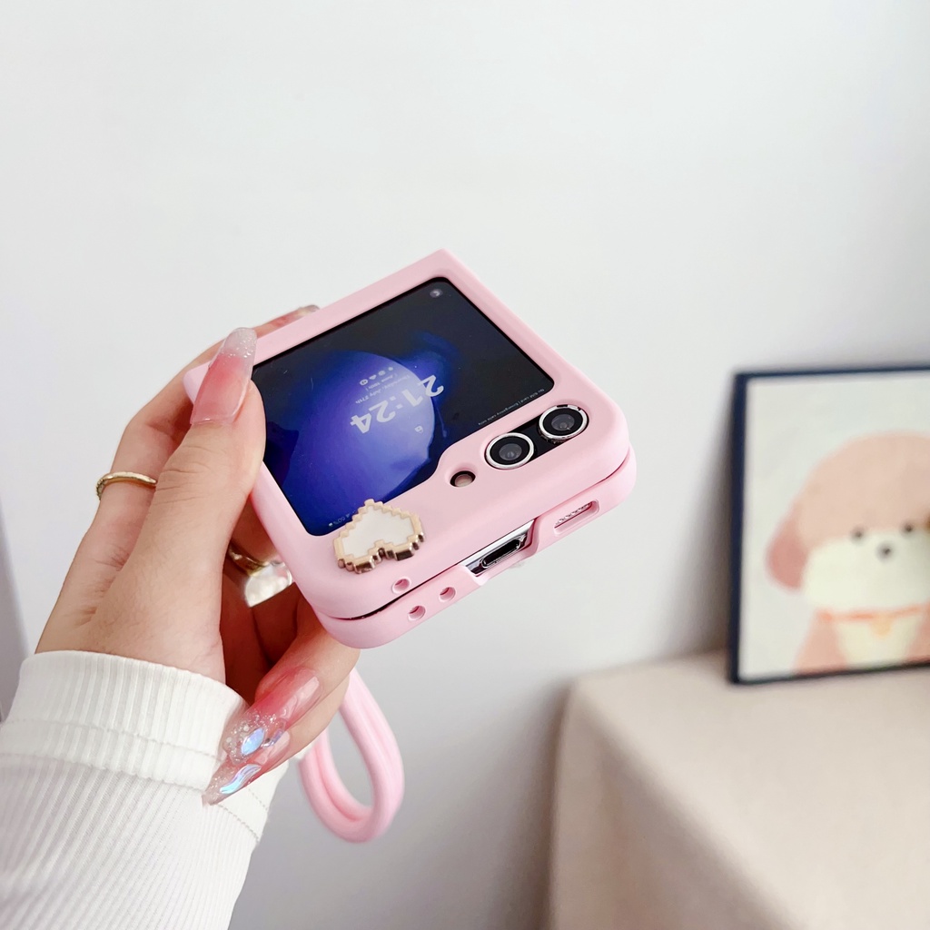 Bao Da Điện Thoại Nắp Gập Chống Va Đập Kèm Dây Đeo Tay Thêu Hình Chú Cún Dễ Thương Dành Cho samsung galaxy z Flip 3 Flip 4 Flip 5 Ốp