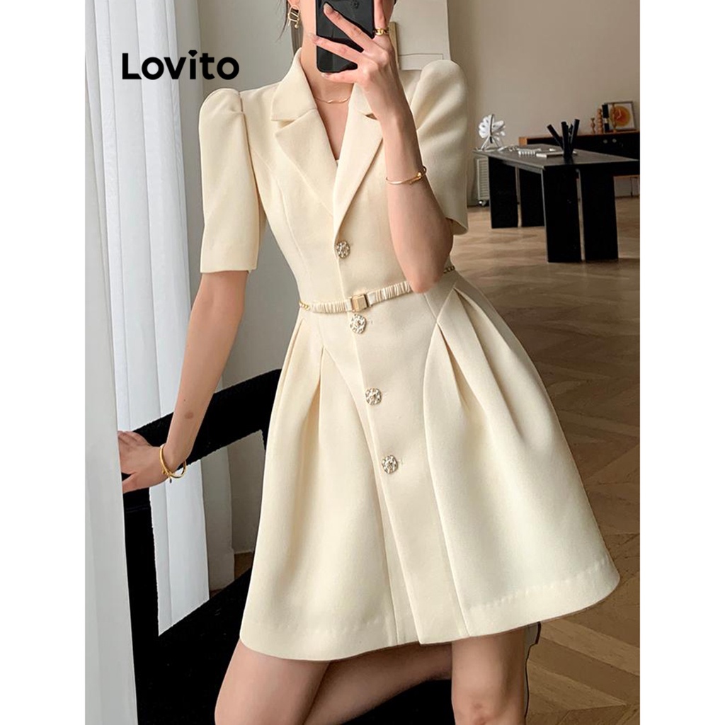 Lovito Đầm xếp ly có dây thắt lưng trơn thanh lịch dành cho nữ LNL36119