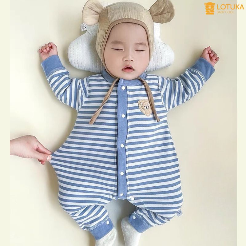 Body Dài Tay Kẻ LOTUKA Lót Lông Nhung Ấm Áp Cho Bé, Bodysuit Cho Bé Trai Bé Gái, Quần Áo Trẻ Em Size 3-12kg