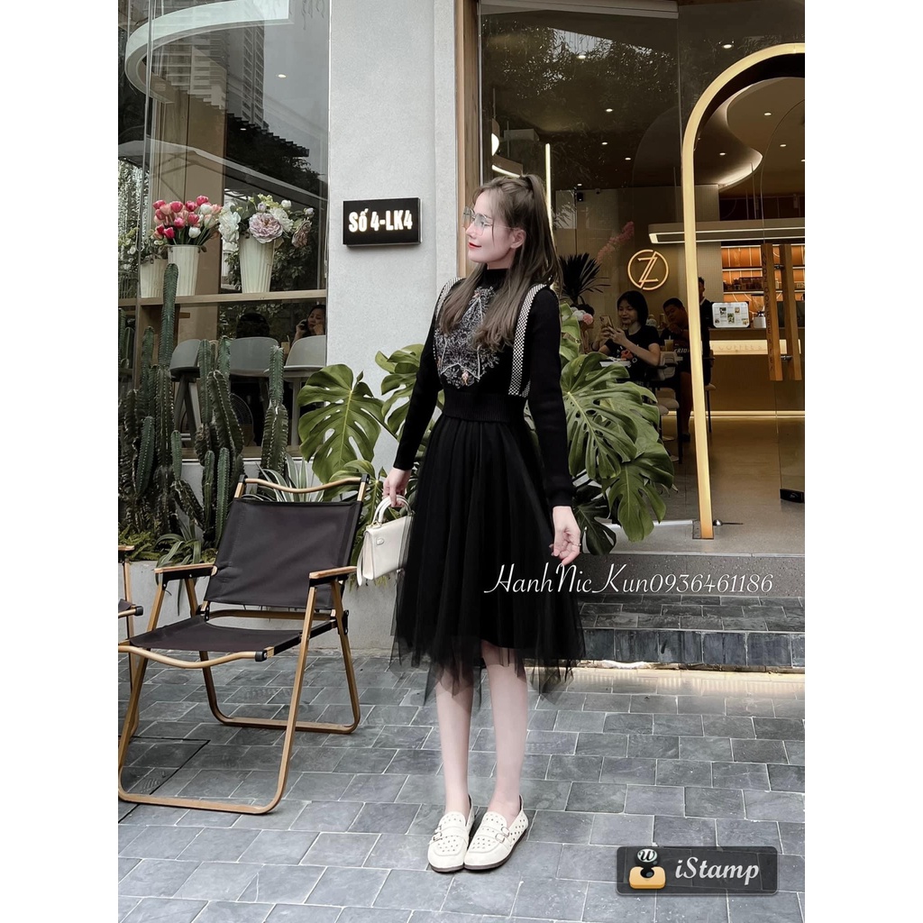 Set váy len chân voan mix áo gile len thêu ngôi sao hàng QC freesize
