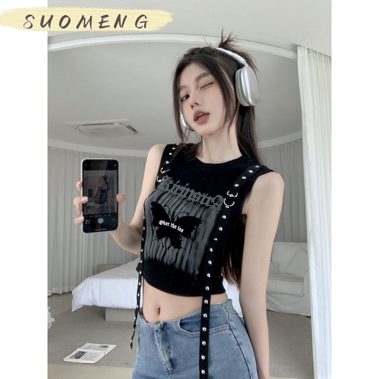 SUOMENG Áo croptop áo thun baby tee nữ âu mỹ chất cạp cao Cổ tay ngắn in họa tiết vintage 2023NEW JL1509