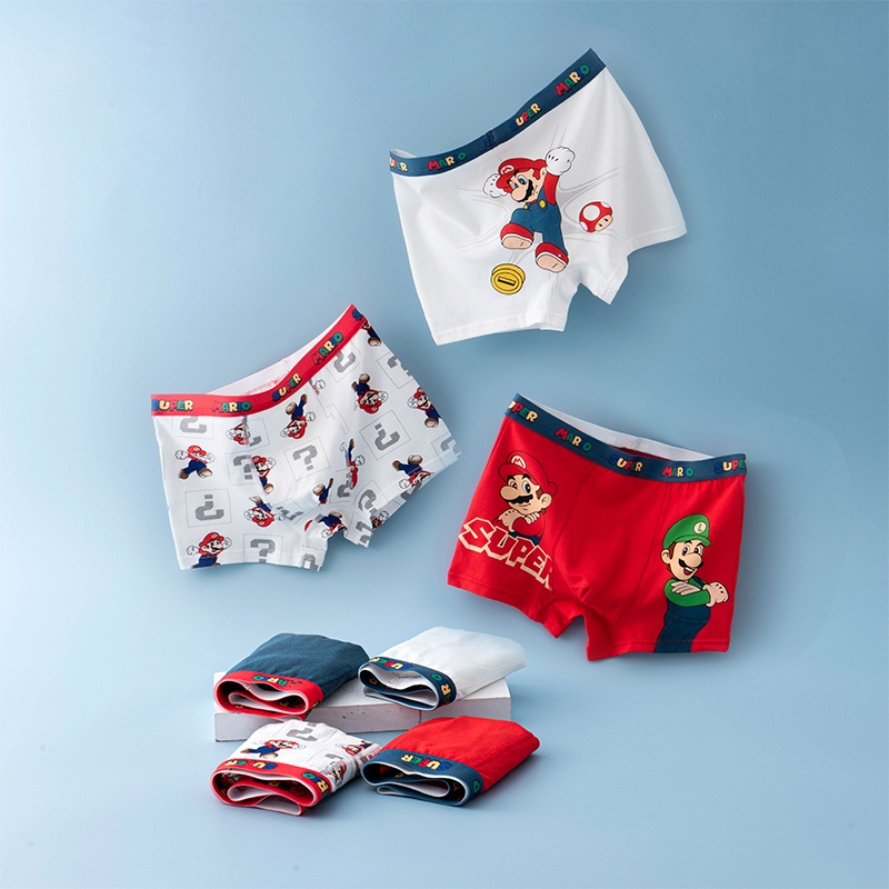 Suge set 4 Quần Lót cotton Thoáng Khí In Hình spiderman / mario Cho Bé Trai