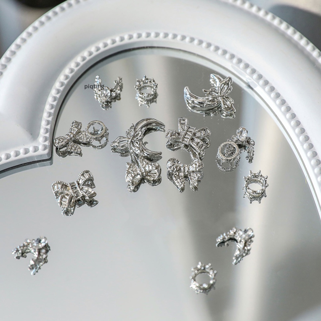 Piqt Set 5 Phụ Kiện Trang Trí Móng Tay Hình Nơ 3d Bằng Hợp Kim Màu Bạc Đính Kim Cương Giả