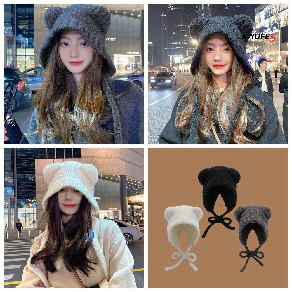 Ayyufe Mũ beanie Len Dệt Kim Trang Trí Tai Mèo Bảo Vệ Tai Đi Kèm Trang Phục Phong Cách Đường Phố