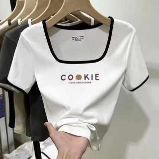 Phụ Nữ Phong Cách Mới Cổ Chữ U Cổ Tay Ngắn Áo Thun Nữ Mùa Hè Ngọt Ngào Hot Girl Thiết Kế Cảm Giác Sang Trọng Màu-Blocking Trước Shou