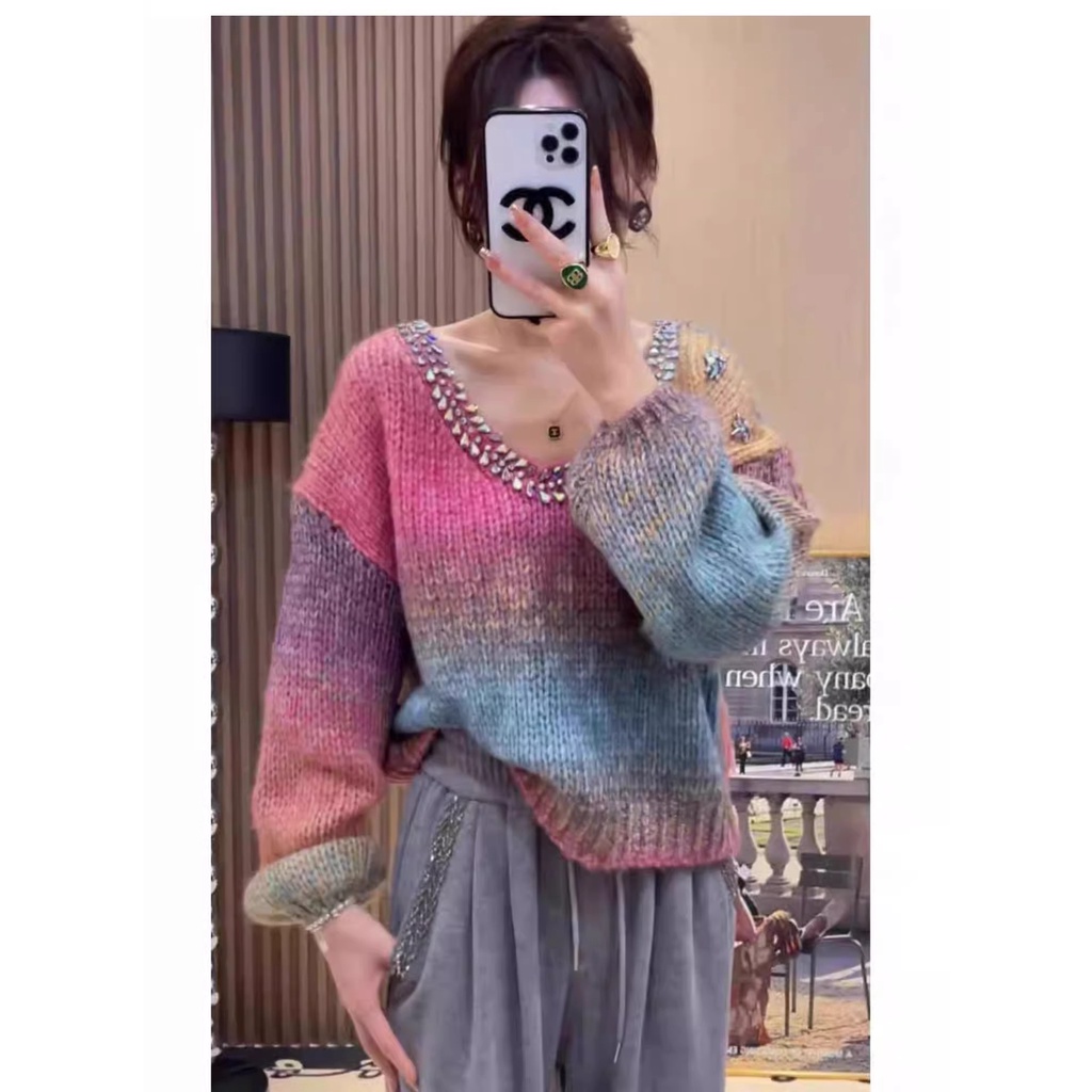 Áo Len Sáp Mềm Chui Đầu Dáng Rộng Đính Hạt Kim Cương Kiểu Công Nghiệp Thời Trang Thu Đông Cho Nữ