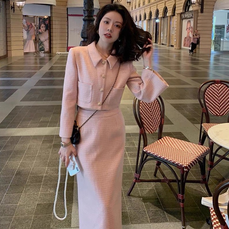 Bộ Áo Khoác + Chân Váy chanel Màu Hồng Thanh Lịch Cho Nữ