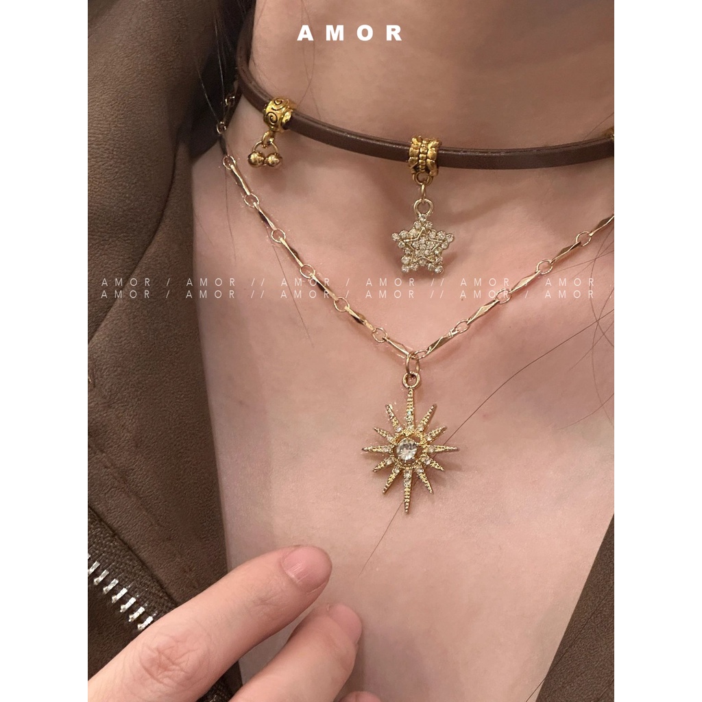 Vòng Cổ choker Da Hai Lớp Màu Đỏ / Nâu / Vàng Phong Cách Cổ Điển Mỹ Ngọt Ngào Dòng Rừng Mùa Thu Cho Nữ