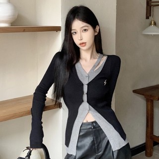 Junnovgal Áo Thun Tay Dài Cổ Chữ v Ôm Dáng Màu Tương Phản Thời Trang 2024 Cho Nữ