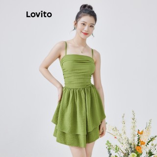 Đầm Lovito phong cách thường ngày màu trơn xếp nếp dành cho nữ L54ED136 (xanh lá)