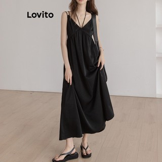 Đầm Lovito hai dây hở vai cắt xẻ màu trơn thanh lịch cho nữ LNE29333 (màu trắng/ đen)