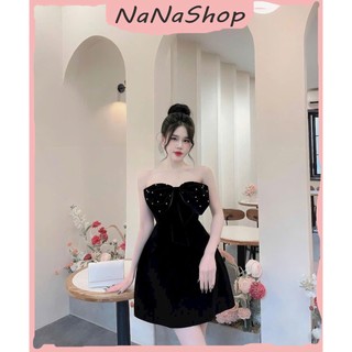 Đầm nhung cứng cup ngực đình nơ to ở ngực, Đầm nữ dáng chữ A ôm eo họa tiết nơ đính lấp lánh hack dáng